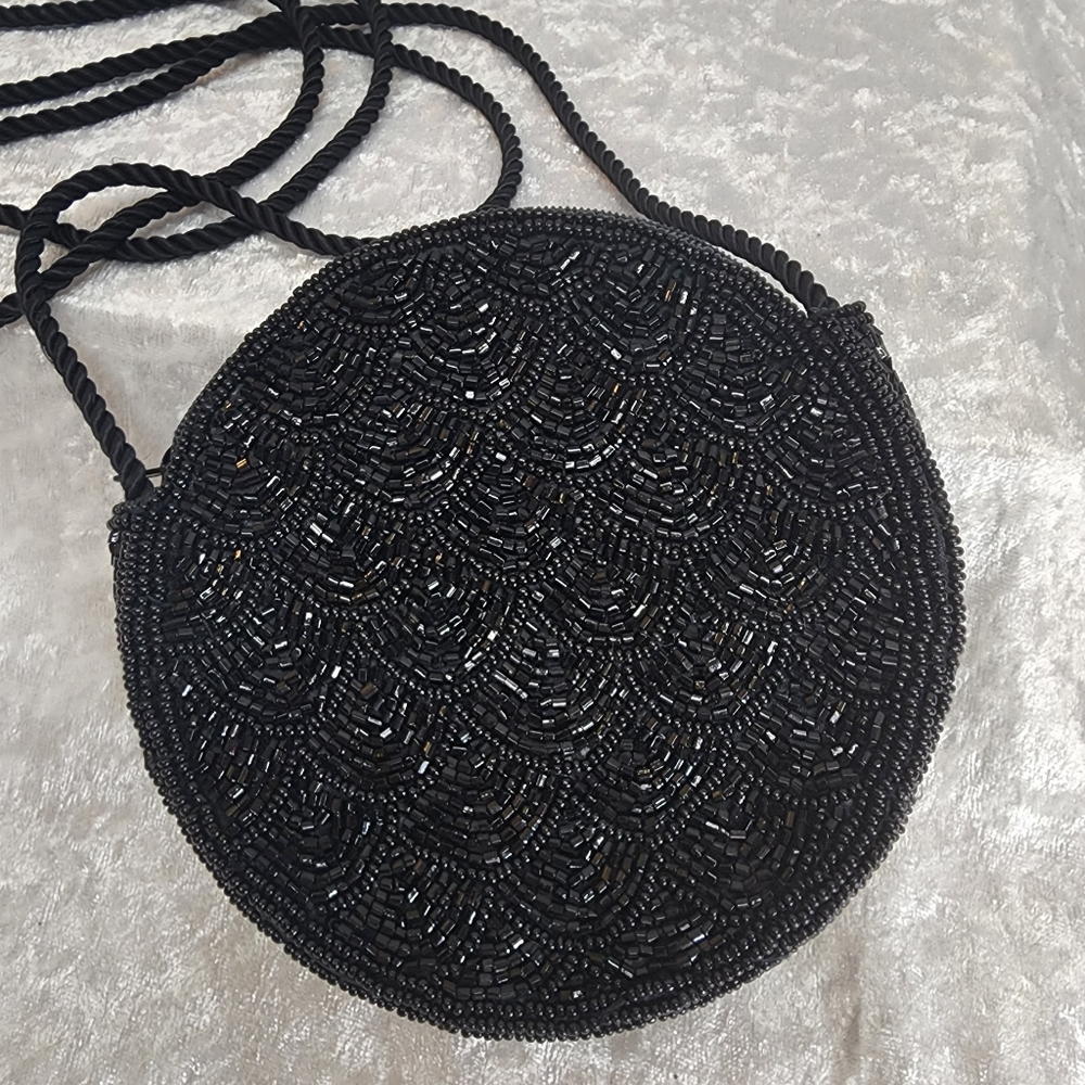 COPY - Gorgeous Round Black Beaded Bag with attached Crossbody strap